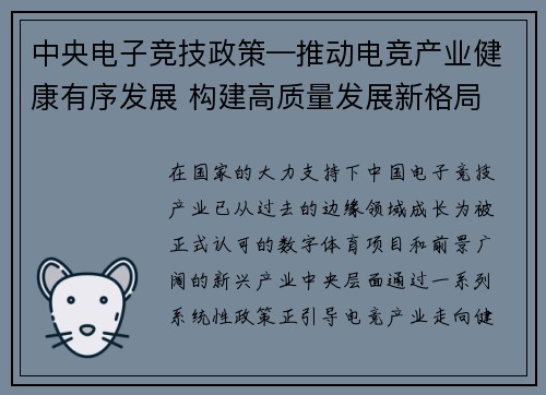 中央电子竞技政策—推动电竞产业健康有序发展 构建高质量发展新格局