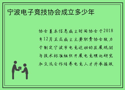 宁波电子竞技协会成立多少年